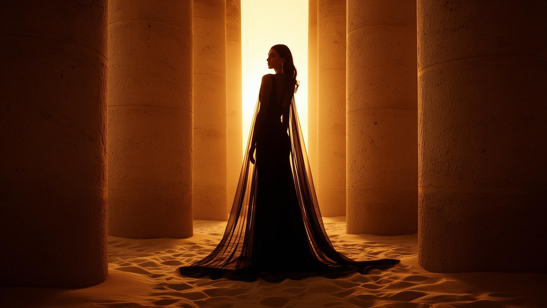 Silhouette of model between sandstone columns in golden light